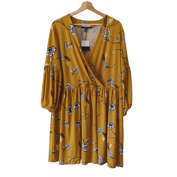NWT ELOQUII Dress Womens 18 20 Elements Balloon Sleeve Yellow Floral Wrap V-neck